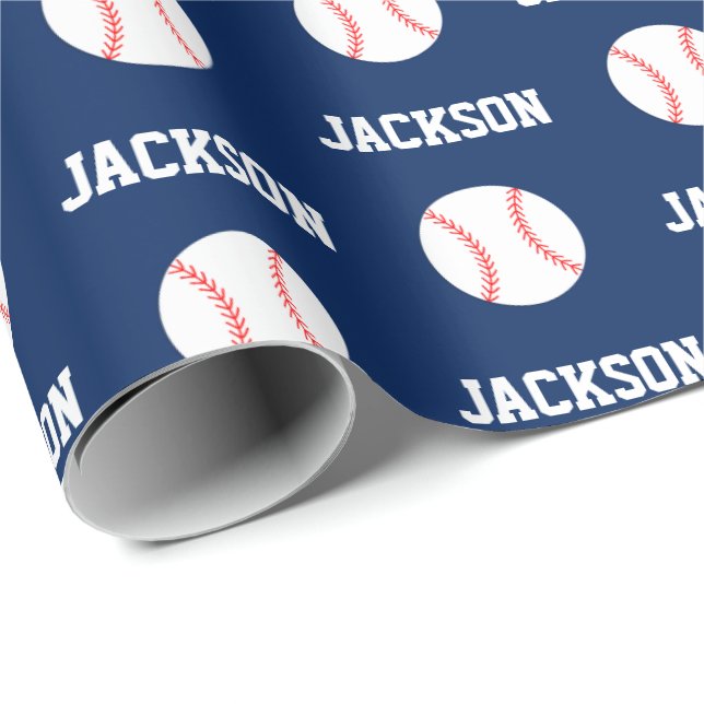Papier Cadeau Nom du baseball Motif Marine Bleu (Coin rond)
