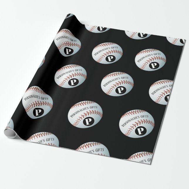Papier Cadeau Nom du monogramme personnalisé du baseball (Déroulé)