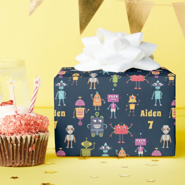 Papier Cadeau Nom du Motif des mignons Robots Âge Anniversaire (Fête d'anniversaire)
