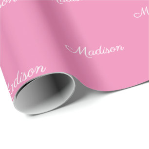 Papier Cadeau Nom du script personnalisé Texte rose blanc chic