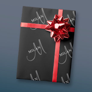 Papier Cadeau Nom élégant Monogramme Noir Blanc & Gris
