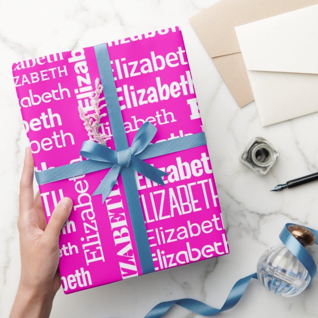 Papier Cadeau Nom ELIZABETH Blanc Sur Rose (Cadeaux)