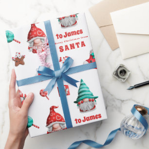 Papier Cadeau Nom enfant du Motif Gnome mignon de Père Noël