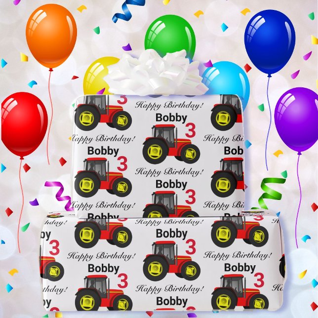 Papier Cadeau Nom et âge du tracteur rouge du garçon Cadeau d'an (Créateur téléchargé)