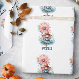 Papier Cadeau Nom mignon Fille Sorcière rose Aquarelle Halloween