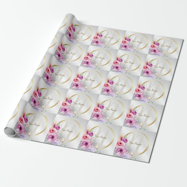 Papier Cadeau Nom Monogramme Cadre Doré Floral Rose Coloré (Déroulé)