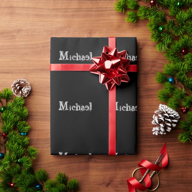 Papier Cadeau Nom monogramme moderne minimaliste noir blanc (Cadeau de vacances)