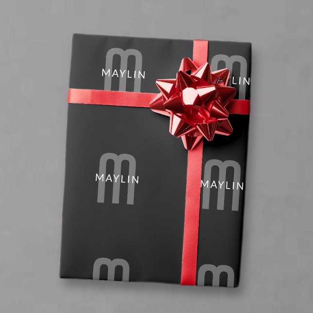 Papier Cadeau Nom Monogrammé Moderne | Noir Gris Blanc (Créateur téléchargé)