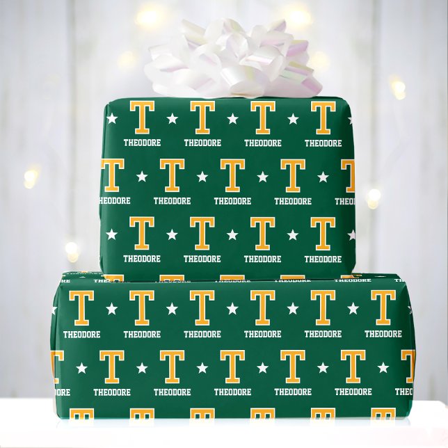 Papier Cadeau Nom monogramme Star Green Gold personnalisé (Créateur téléchargé)