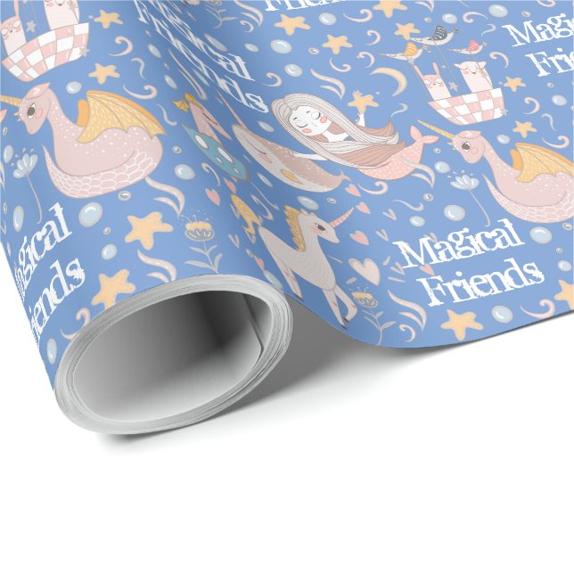 Papier Cadeau Nom, Narwhal Mermaid Unicorn Dragon Petite Impress (Coin rond)