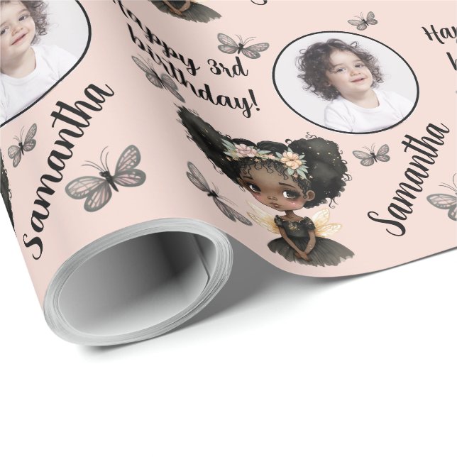 Papier Cadeau Nom personnalisé Âge photo Magique Fée Anniversair (Coin rond)