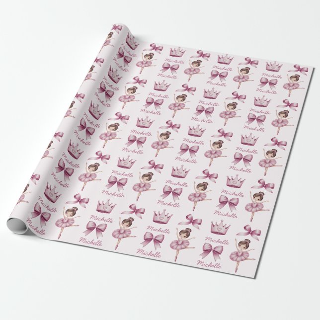Papier Cadeau Nom personnalisé Ballet Ballerina Motif rose (Déroulé)