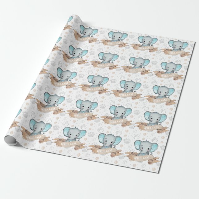Papier Cadeau Nom personnalisé Blue Elephant Baby Boy Motif (Déroulé)