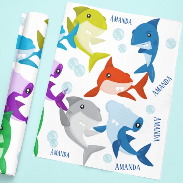 Papier Cadeau Nom personnalisé Cute Little Sharks (Créateur téléchargé)
