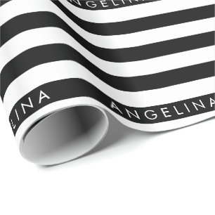Papier Cadeau Nom personnalisé du Motif rayé noir et blanc