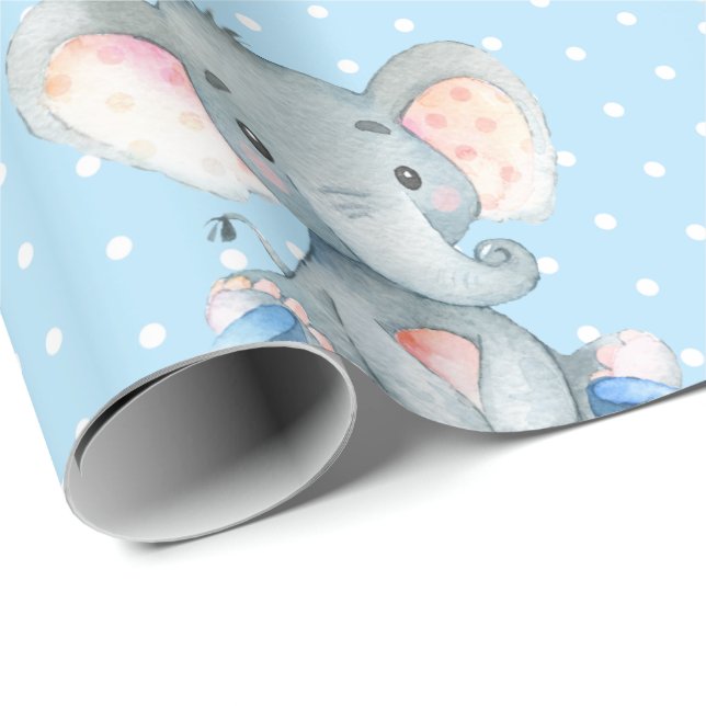 Papier Cadeau Nom personnalisé Elephant Baby Boy Bleu et gris (Coin rond)