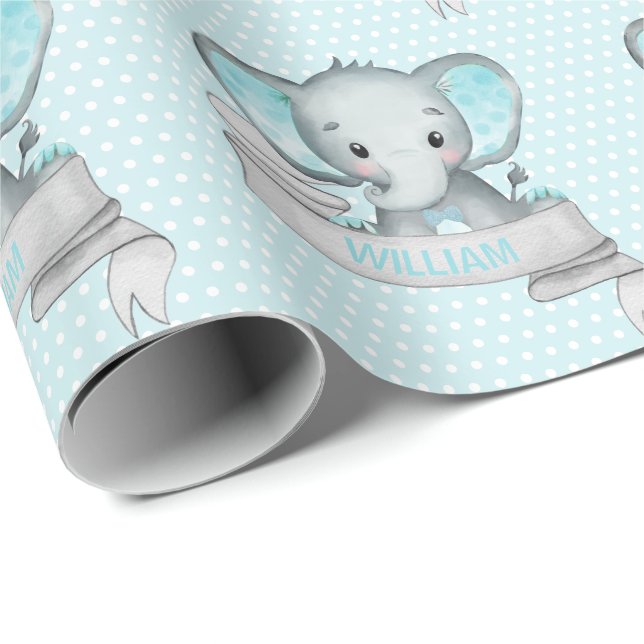Papier Cadeau Nom personnalisé Elephant Baby Boy Blue & Grey (Coin rond)