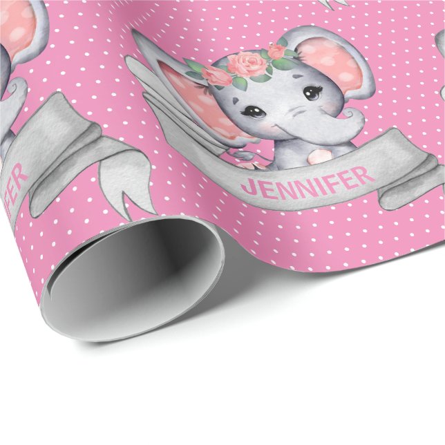 Papier Cadeau Nom personnalisé Elephant Baby Girl rose (Coin rond)