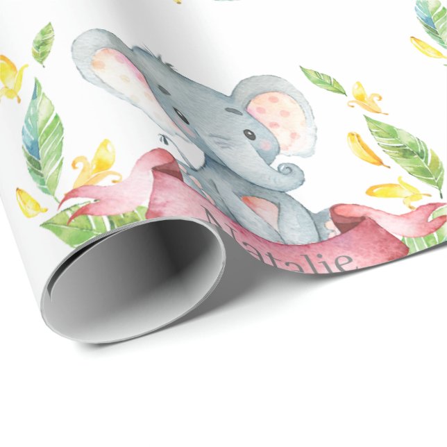 Papier Cadeau Nom personnalisé Eléphant Baby Girl rose et gris (Coin rond)