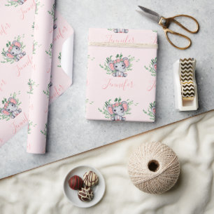 Papier Cadeau Nom personnalisé Green Elephant Baby Girl Rose