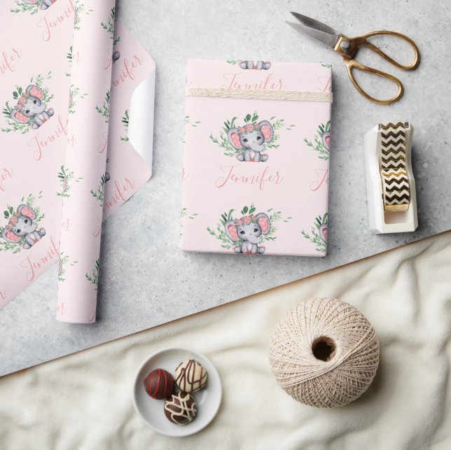 Papier Cadeau Nom personnalisé Green Elephant Baby Girl Rose (Artisanat)