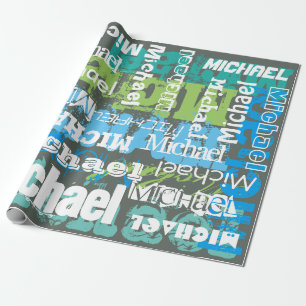 Papier Cadeau Nom personnalisé Gris Bleu Vert