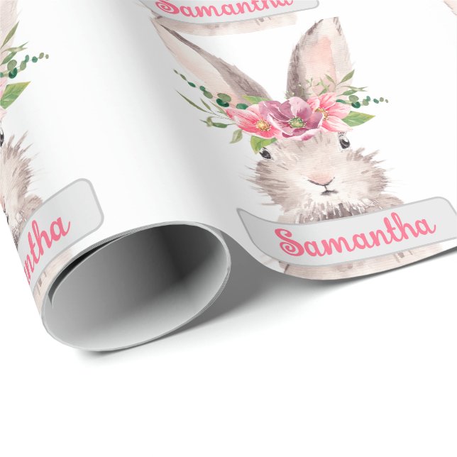 Papier Cadeau Nom personnalisé Lapin Rabbit fille rose (Coin rond)