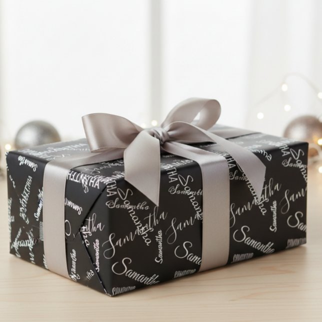 Papier Cadeau Nom personnalisé noir et blanc personnalisé (Créateur téléchargé)