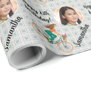 Papier Cadeau Nom personnalisé Photo Age Girl sur Pedal Bike