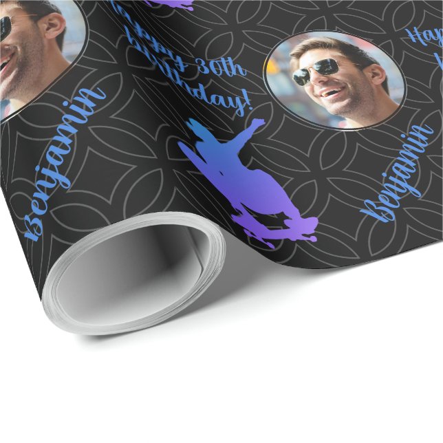 Papier Cadeau Nom personnalisé Photo Sport Skateboard Anniversai (Coin rond)