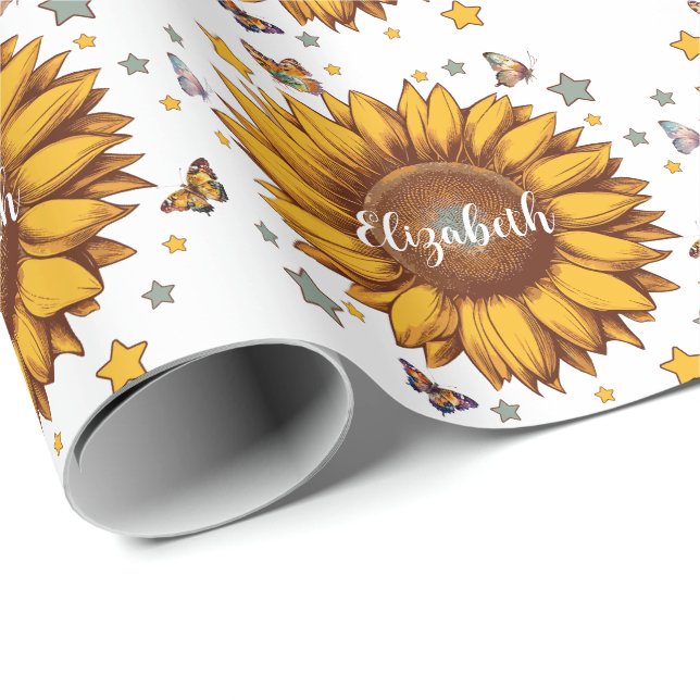 Papier Cadeau Nom personnalisé pour fille rétro cadeau tournesol (Coin rond)