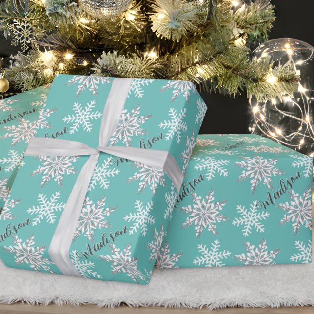 Papier Cadeau Nom personnalisé Silver Snowflake cadeau Turquoise (Créateur téléchargé)