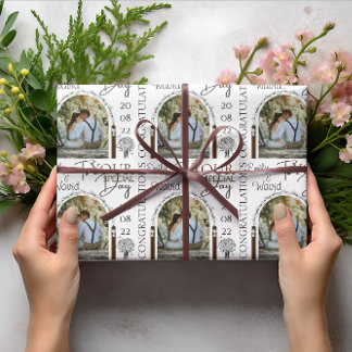 Papier Cadeau Nom Photo Personnalisé Et Date Mariage Floral Élég