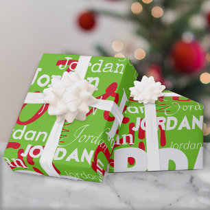 Papier Cadeau Nom répété Motif Rouge Blanc Vert Noël
