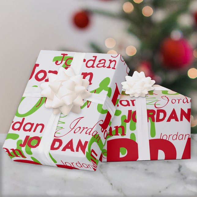 Papier Cadeau Nom répété Red Green Police Motif Noël (Créateur téléchargé)