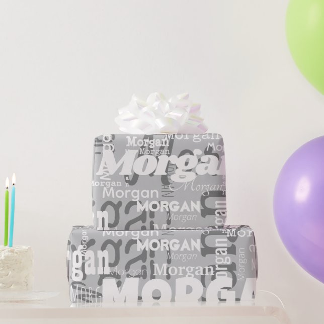 Papier Cadeau Nom répétitif Grey Blanc Moderne Neutrals tendance (Cadeaux de fête)