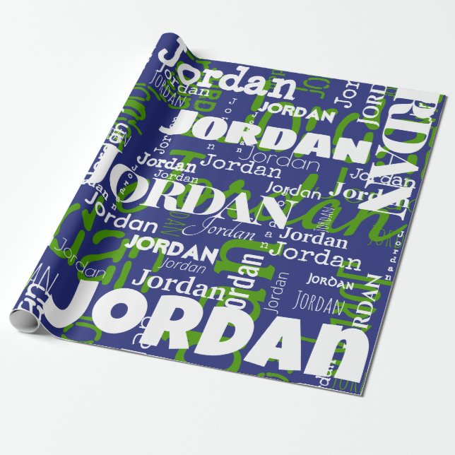 Papier Cadeau Nom répétitif moderne bleu Vert Sports Team Couleu (Déroulé)