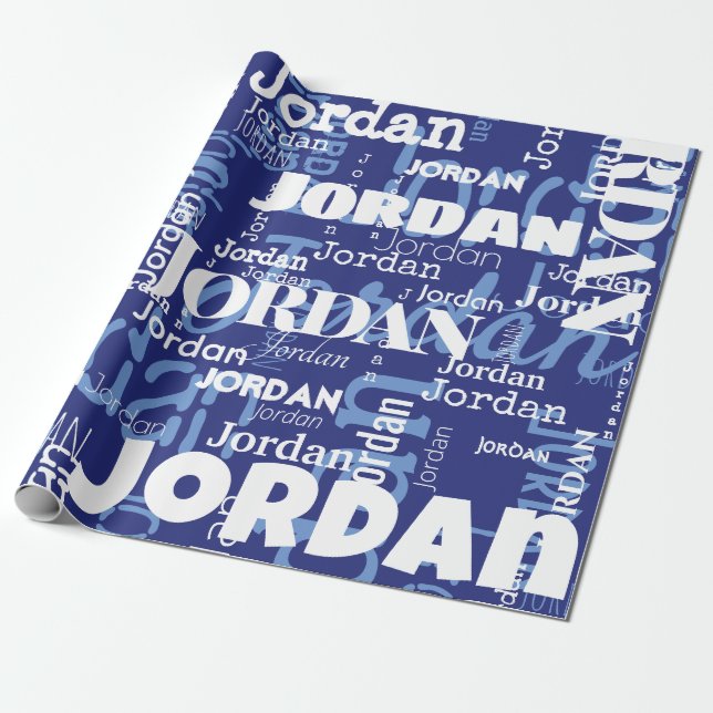 Papier Cadeau Nom répétitif moderne Motif de police bleu blanc (Déroulé)