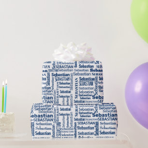 Papier Cadeau Nom Sebastian Bleu Sur Blanc