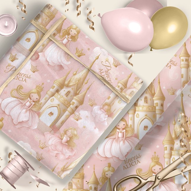 Papier Cadeau Nom Votre Princesse et Château Rose ID1053 (Créateur téléchargé)