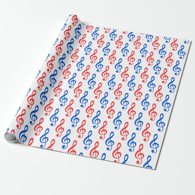 Papier Cadeau Nombreux symboles musicaux Red et Blue Treble Clef (Déroulé)