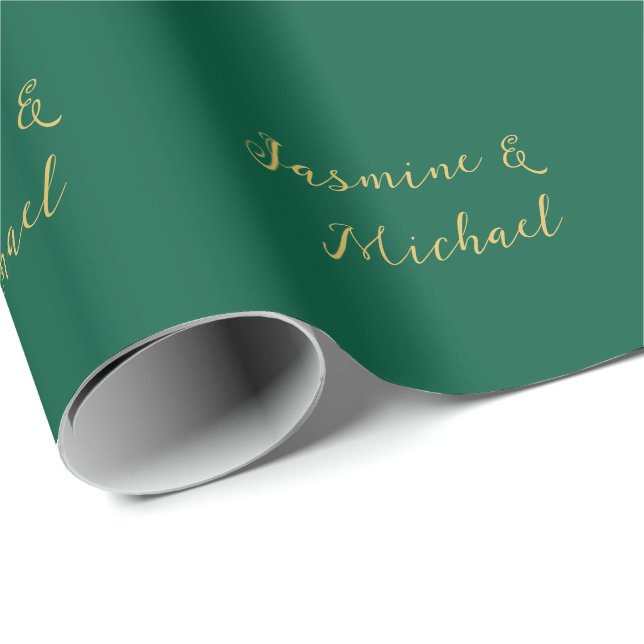 Papier Cadeau Noms de Couple de Calligraphie Classique Vert & Or (Coin rond)
