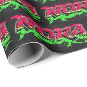 Papier Cadeau Nora prénom nom Graffiti rouge vert