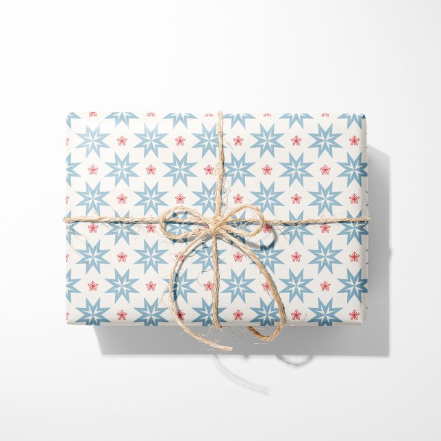 Papier Cadeau Nordic Christmas Blue Stars et Red Snowflakes (Créateur téléchargé)