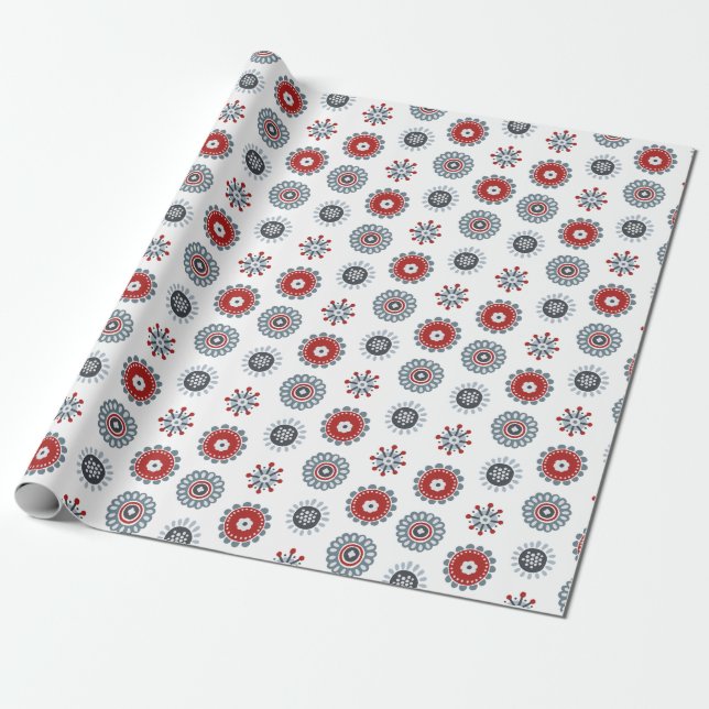 Papier Cadeau Nordic Folk Art Rouge Bleu Cercles et fleurs (Déroulé)