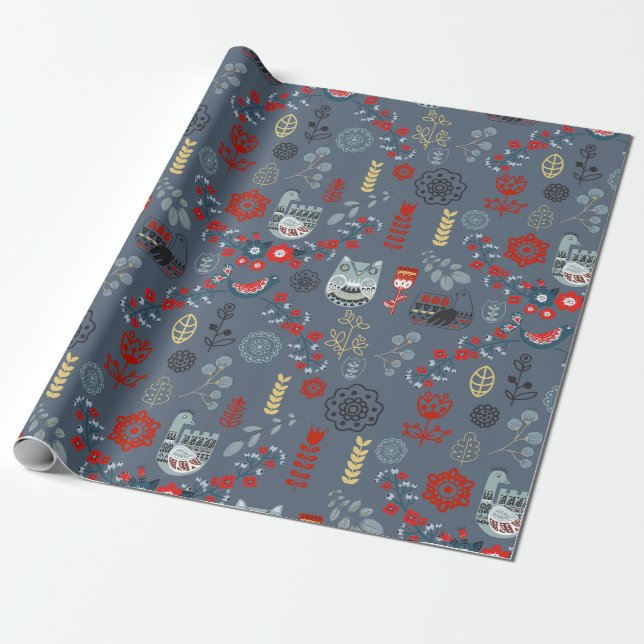 Papier Cadeau Nordic Scandi Folk Art Oiseaux Fleurs Plantes Guer (Déroulé)