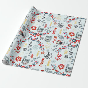 Papier Cadeau Nordic Scandi Folk Art Oiseaux Fleurs Plantes Roug