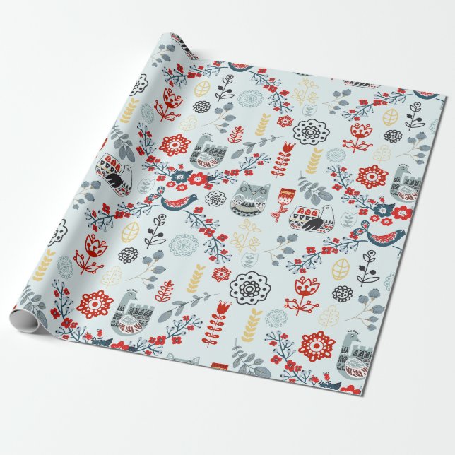 Papier Cadeau Nordic Scandi Folk Art Oiseaux Fleurs Plantes Roug (Déroulé)