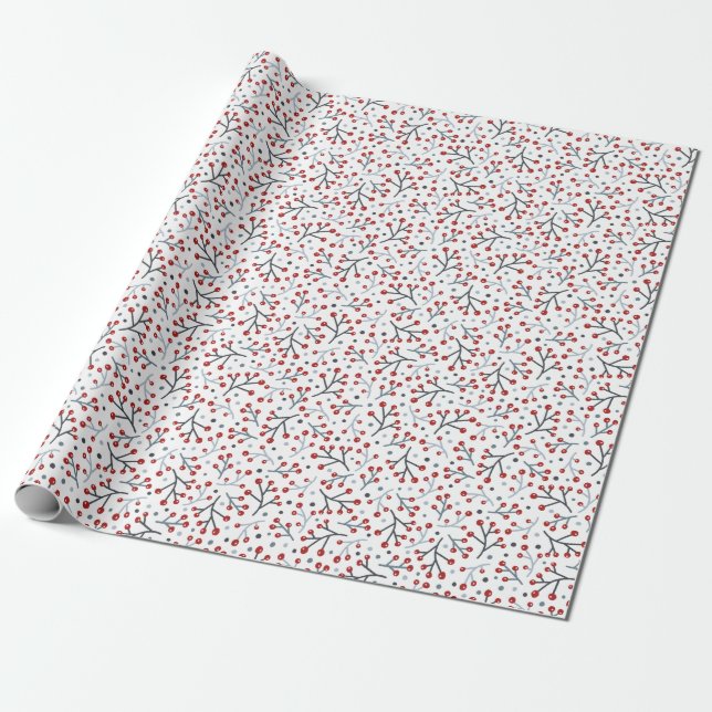 Papier Cadeau Nordique Art Berry Branches Rouge Bleu Noël (Déroulé)