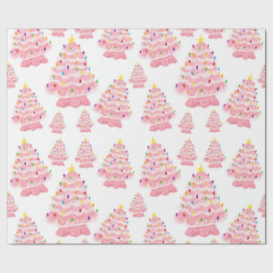 Papier Cadeau Nostalgie de l'arbre de Noël rose vintage